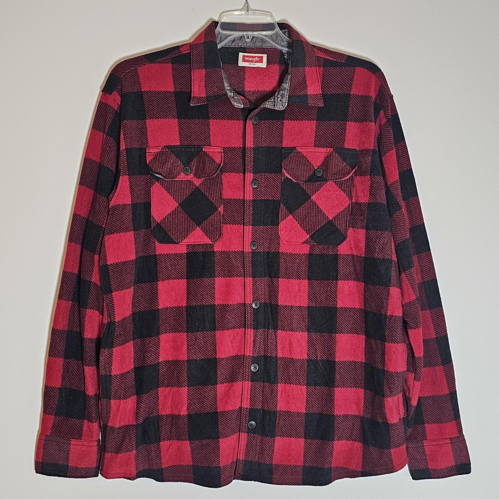 Wrangler Shirt Mens Large Red Black Plaid Flannel Fleece Lined Buffalo Outdoor